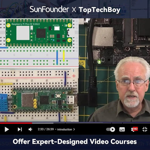 Raspberry Pi Pico W Dope IoT Starter Kit With 450 Plus Components, close-up on circuit boards with tutorial instructor
