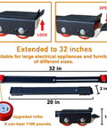 Heavy Duty Appliance Rollers Extendable Mobile Base For Quick Easy Moving Of Washing Machines Dryers Refrigerators And Furniture Adjustable 20 To 32 Inches Upgraded Wheels Black Finish, showing extended base with dimensions and upgraded roller close-ups.
