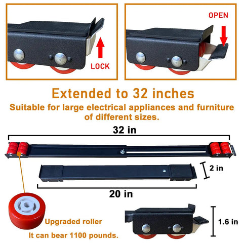 Heavy Duty Appliance Rollers Extendable Mobile Base For Quick Easy Moving Of Washing Machines Dryers Refrigerators And Furniture Adjustable 20 To 32 Inches Upgraded Wheels Black Finish, showing extended base with dimensions and upgraded roller close-ups.