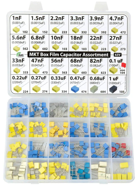 Bulk MKT PET Film Capacitor Kit, 235-Piece Assortment With 24 Values At 63V in labeled box, assorted colors for DIY projects.