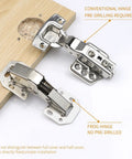 2-Pack Soft Close Hidden Cabinet Hinges For Kitchen Cabinets Surface Mount No Pre Drill Hydraulic Spring Quiet Closure Easy Install For Cupboards Durable Hinges Reducing Noise And Slams displayed on a wooden surface showing two hinge types.
