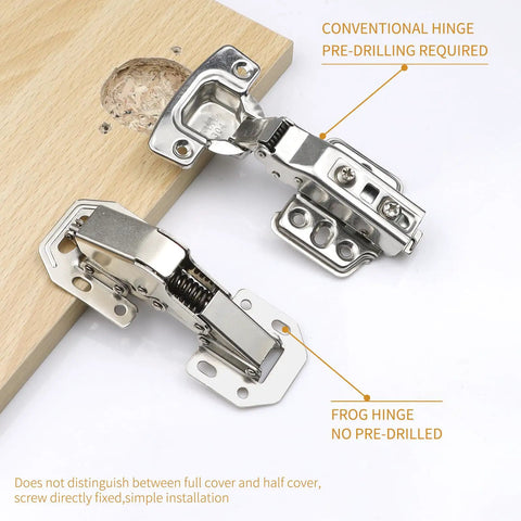 2-Pack Soft Close Hidden Cabinet Hinges For Kitchen Cabinets Surface Mount No Pre Drill Hydraulic Spring Quiet Closure Easy Install For Cupboards Durable Hinges Reducing Noise And Slams displayed on a wooden surface showing two hinge types.