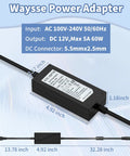 12V 5A Power Supply AC DC Adapter 100-240V To 12V 5A Transformer With 5.5 By 2.1mm Plug for LED Strip Lights DVR NVR Security Cams CCTV System Accessories shown with dimensions and specifications