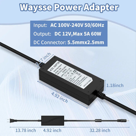 12V 5A Power Supply AC DC Adapter 100-240V To 12V 5A Transformer With 5.5 By 2.1mm Plug for LED Strip Lights DVR NVR Security Cams CCTV System Accessories shown with dimensions and specifications