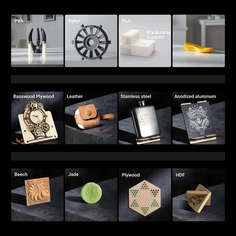 Various materials including PVA, Nylon, and PLA showcasing the Professional Grade 3 In 1 Addon Set For Artisan 3D Printer.