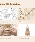 Four stages of assembling 3D Wooden Puzzle Craft Kit for Adults and Kids, Five-Storied Pagoda Model Build, DIY Woodcraft Project.