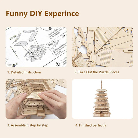 Four stages of assembling 3D Wooden Puzzle Craft Kit for Adults and Kids, Five-Storied Pagoda Model Build, DIY Woodcraft Project.