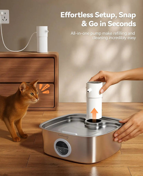 Cordless Wide Tray Dog Water Fountain With 5000mAh Battery Powered Pet Water Dispenser Three Motion Sensors Stainless Steel 8L Capacity being set up.