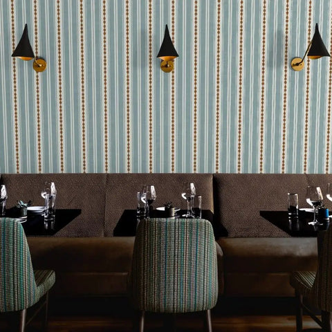 Custom Printed Vinyl Wall Covering With A Subtle Leather Look And Modern Stripe Pattern Great For Commercial Spots Or Home Hangouts, seen in a restaurant.
