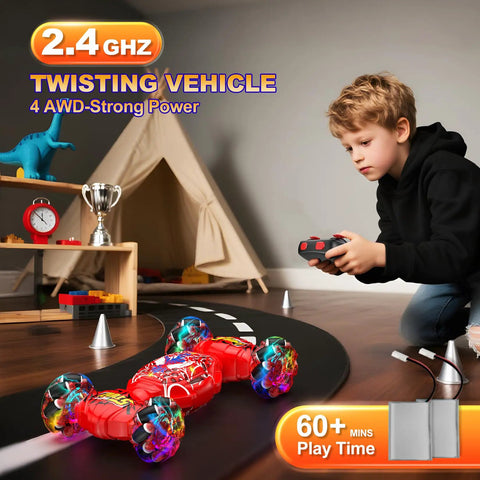 Boy playing indoors with 4WD Gesture Sensing RC Stunt Car with 2.4GHz Remote, racing on track, showcasing 360-degree drifts