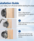 Installation steps for 20 Cu Inch Round New Work Ceiling Electrical Box PVC UL Listed Built Tough No Drama Install.