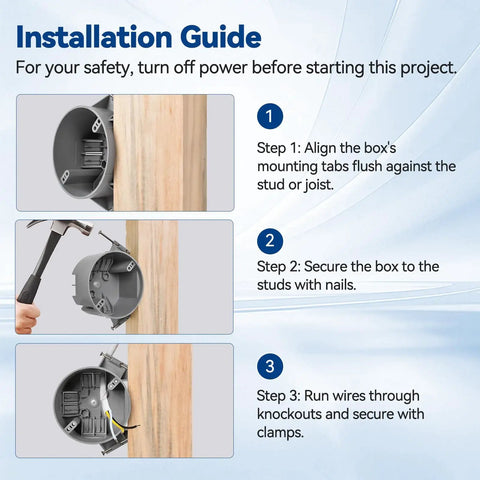 Installation steps for 20 Cu Inch Round New Work Ceiling Electrical Box PVC UL Listed Built Tough No Drama Install.