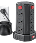 12 Outlet Surge Protector Power Strip Tower With 10 Ft Extension Cord And 4 USB Ports Three USB A And One USB C Desktop Charging Station For Your Home Office 2500W Heavy Duty 110V To 250V, black vertical tower design with coiled cord