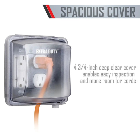 Extra Duty Weatherproof In-Use 2-Gang Electrical Outlet Cover For Outdoor Use Nonmetallic Clear 2.75-Inch Opening displayed