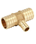 Five Pack Lead Free Brass PEX Crimp Tee Fittings 1 Inch By 1 Inch By 1 Inch For PEX Tubing, DZR Brass, side view of a corrosion-resistant fitting