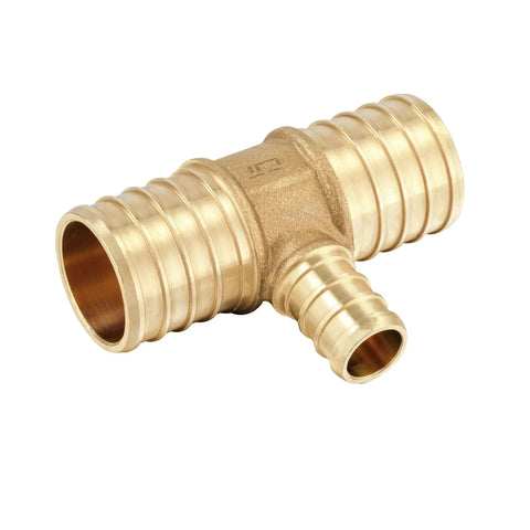 Five Pack Lead Free Brass PEX Crimp Tee Fittings 1 Inch By 1 Inch By 1 Inch For PEX Tubing, DZR Brass, side view of a corrosion-resistant fitting