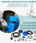 Super Seal Repair Kit For Bishamon BS-55 And BS-65 Manual Pallet Jack Hydraulic Unit Rebuild Seals, O Rings, Gaskets And Hardware Replacement Kit displaying seals and parts