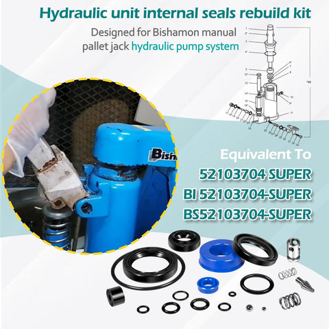 Super Seal Repair Kit For Bishamon BS-55 And BS-65 Manual Pallet Jack Hydraulic Unit Rebuild Seals, O Rings, Gaskets And Hardware Replacement Kit displaying seals and parts