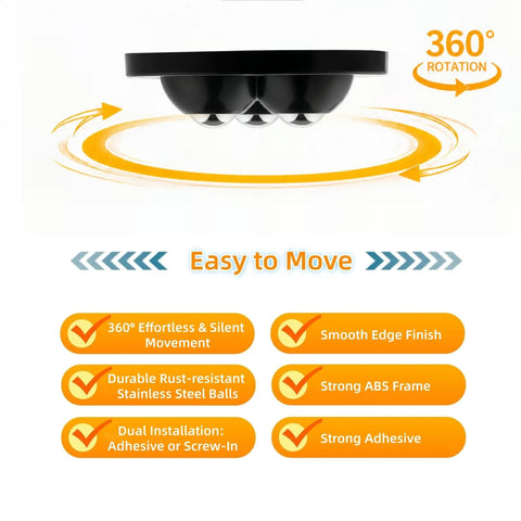 Top view of 8 Pack Self Adhesive Caster Wheels With Rock Solid Triangular 3 Ball Design showing 360° rotation, durable stainless steel balls.