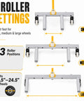 Rolling Wheel Dolly For Cars, Trucks, ATVs, Skid Steers And Trailers, A Workhorse With 485 Lb Capacity, Three Adjustable Rollers, Extra Long Rollers, Tire Lift And Removal Aid For Easy Wheel Changes, shown in small, medium, and large settings for 6.5-24.5 inch wheels