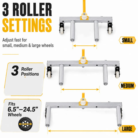 Rolling Wheel Dolly For Cars, Trucks, ATVs, Skid Steers And Trailers, A Workhorse With 485 Lb Capacity, Three Adjustable Rollers, Extra Long Rollers, Tire Lift And Removal Aid For Easy Wheel Changes, shown in small, medium, and large settings for 6.5-24.5 inch wheels