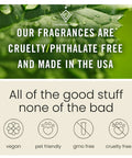 Image showing the benefits of cruelty/phthalate free fragrances, with vegan, pet friendly, and GMO free icons.