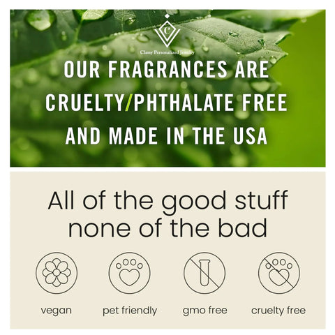 Image showing the benefits of cruelty/phthalate free fragrances, with vegan, pet friendly, and GMO free icons.