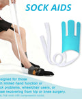 Senior Daily Living Assist Kit No Bending Sock Aid shown with person using it to put on socks, featuring blue terry cloth design.