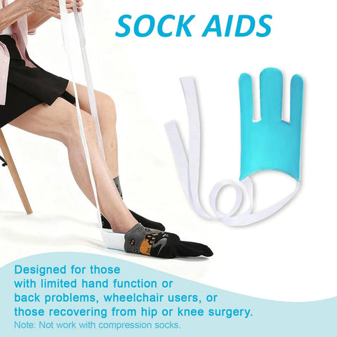 Senior Daily Living Assist Kit No Bending Sock Aid shown with person using it to put on socks, featuring blue terry cloth design.