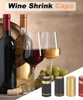 Top Shelf PVC Heat Shrink Bottle Caps Gold 30X60mm Size 50 Pack shown with wine bottles and glasses.