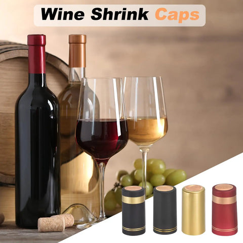 Top Shelf PVC Heat Shrink Bottle Caps Gold 30X60mm Size 50 Pack shown with wine bottles and glasses.
