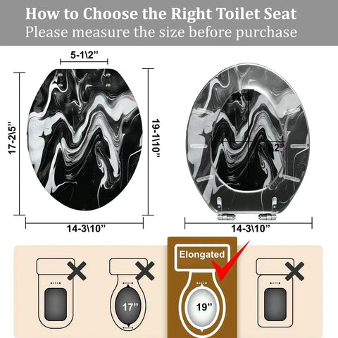 Elongated Resin Toilet Seat Universal Fit for Bathroom dimensions guide showing size measurements 19" elongated and 17" standard.