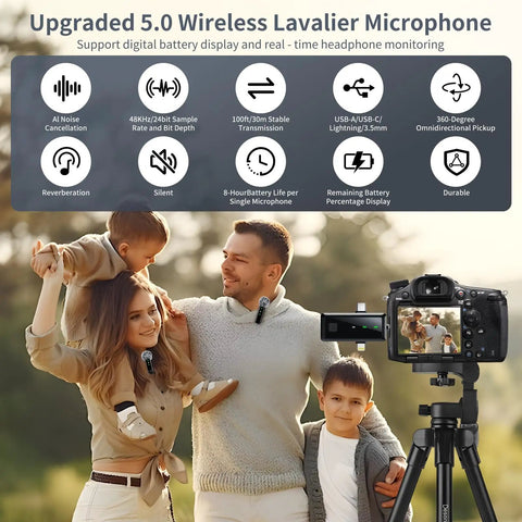 Family recording video with upgraded 5.0 wireless lavalier microphone for iPhone and Android, with camera setup outdoors