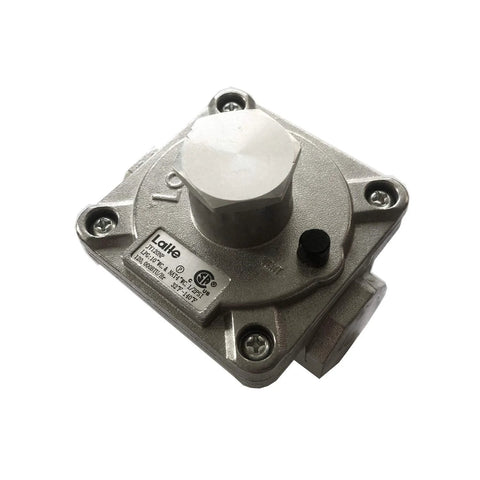 Front view of natural gas regulator; metal square body with four screws and 1/2 in. NPT inlet/outlet.