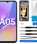 Samsung Galaxy A05 Screen Replacement Kit With Frame LCD Display Touch Digitizer Full Assembly And Handy Repair Tools Set For SM A055F A055M DS Easy Install And Quality Build For Long Lasting Performance shown with tools.
