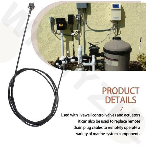 Remote Drain Plug Control Cable For Livewells And Baitwells, 8 Foot Marine Ballast System Cable next to marine equipment setup.