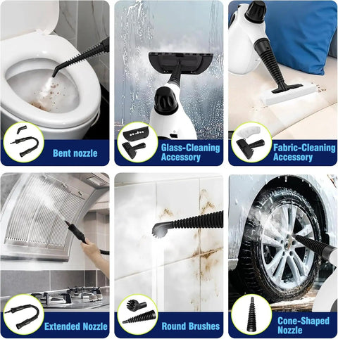 Grab This Badass Portable Handheld Steam Cleaner! 1300W High Pressure Power Cuts Through Grease And Grime In Minutes. Includes nozzles for various cleaning tasks.