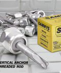 Sammys 8040957-50 DST 10 3/8 Inch Screw Vertical Threaded Rod Anchor Built For Steel Structures With Electro Zinc Coating Corrosion Resistant 1/4-14 x 1 Inch Screw Length Pack Of 50 with yellow box.