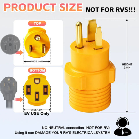 Nema 6-50P To 14-50R EV Level 2 Charging Adapter 32 Amp Max shown from top and bottom with size details for electric car use.