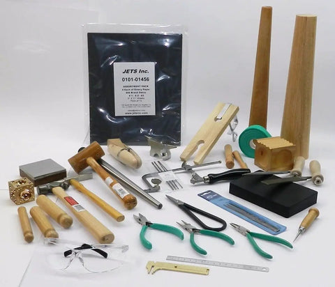Starter Hands On Metalsmith Tools Kit For Jewelry Making A Solid Bench Tools Set With Ring Mandrel Ring Clamp Bench Pin Wood Ring Clamp And All The Essentials For Apprentice Jewelry Making And Metalworking, assorted tools laid out