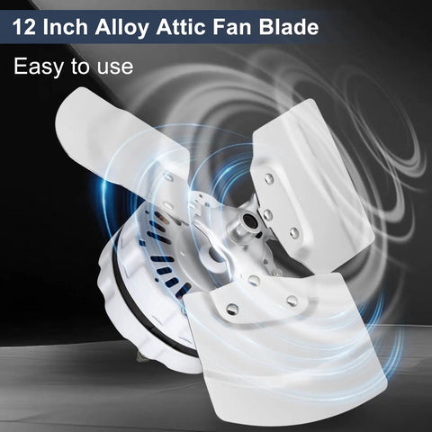 Replacement Attic Fan Motor Kit With 1100 RPM 1/10 HP 120V, showing 12 inch alloy attic fan blade.
