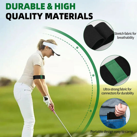 Woman using Portable Golf Swing Trainer Set Two Pack For Beginners, Swing Correction Arm Band, Durable Design, Outdoor Use, Green and Red.