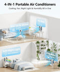 4 In 1 Personal Portable Air Conditioner And Humidifier in bedroom, showcasing cooling, RGB lights, and 120° oscillation.
