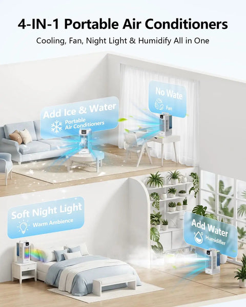 4 In 1 Personal Portable Air Conditioner And Humidifier in bedroom, showcasing cooling, RGB lights, and 120° oscillation.