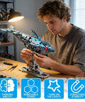 Person assembling Myth Qholve Mechanical Blue Dolphin Cool Building Blocks Sets Hands On Motion Exposed Gear Design Display And Play Model Futuristic Ocean Animal Toy For Collectors And Kids on a table.