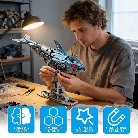 Person assembling Myth Qholve Mechanical Blue Dolphin Cool Building Blocks Sets Hands On Motion Exposed Gear Design Display And Play Model Futuristic Ocean Animal Toy For Collectors And Kids on a table.