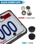 Comparison of front license plate bracket with full border in black ABS showing black screw caps vs others with note on durability.