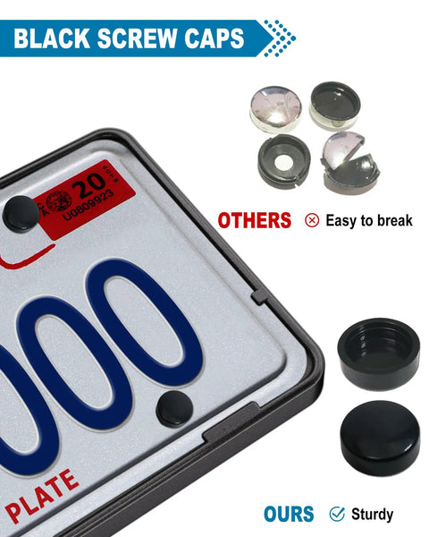 Comparison of front license plate bracket with full border in black ABS showing black screw caps vs others with note on durability.