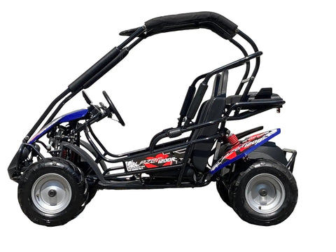 Side view of Electric Youth Go Kart With Reverse, Dual Speed Modes 15 MPH And 27 MPH, 60V 1.8KW Motor, Mid Size Kid Cart, Blue Body Kit