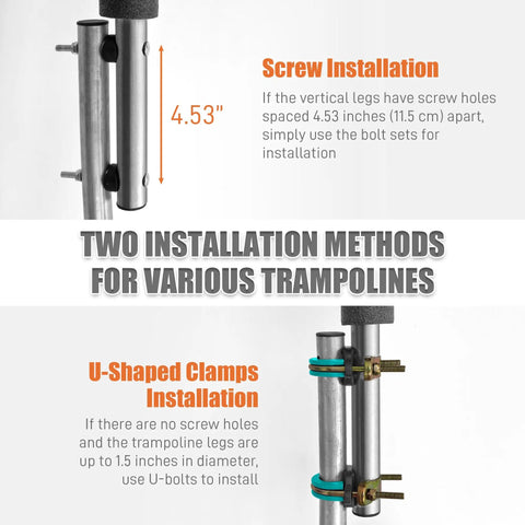 Pro Grade Curved Trampoline Replacement Poles installation guide showing screw and U-shaped clamp options for 8 to 16 ft frames.